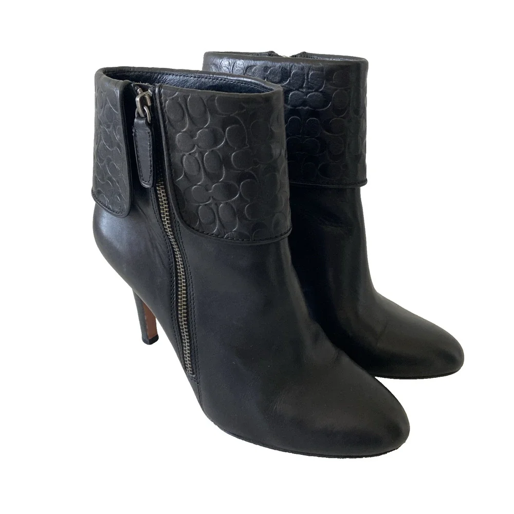 Coach Mackenna Black Leather Slim Heel Ankle Bootie Boot Round Toe Side Zip 9.5